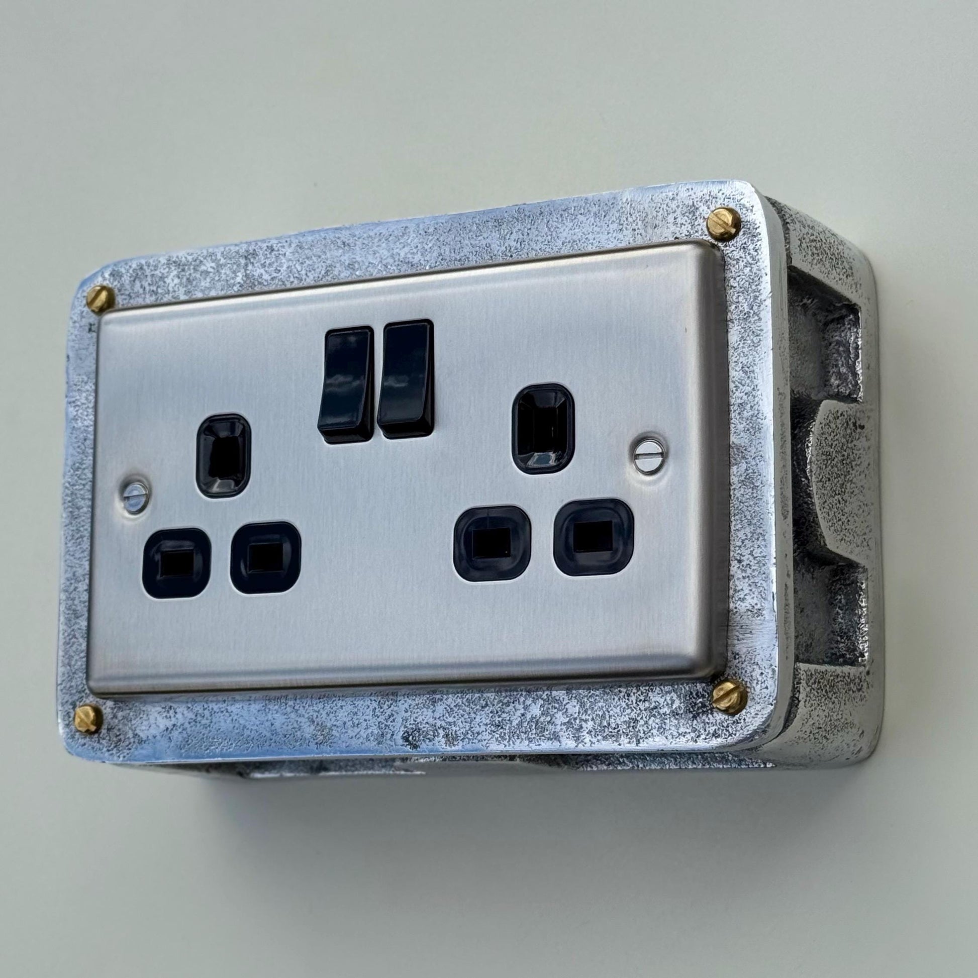 Brushed Steel Double Power Socket Industrial Vintage 13A 230V