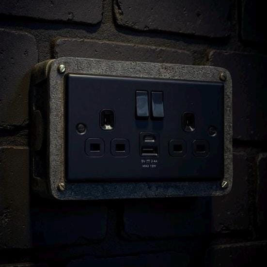 Matt Black Double Gang Plug Socket with Antique Brass Back Box
