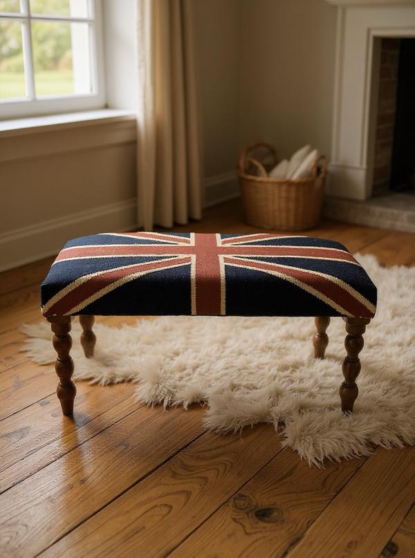 Union Jack Flag Bench Ottoman Vintage Style Floor Standing Pouf