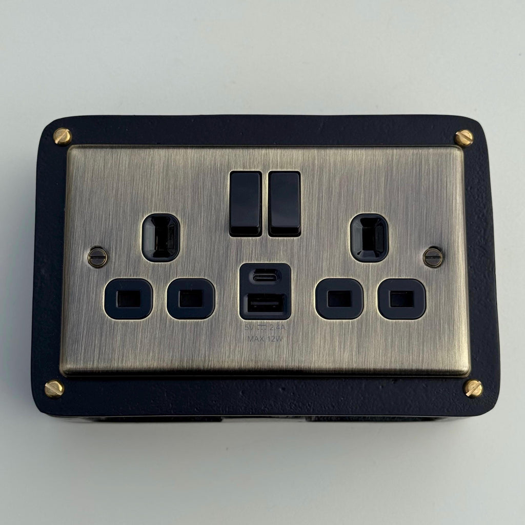 Antique Brass Double Gang Plug Socket with Industrial Black Cast Back Box