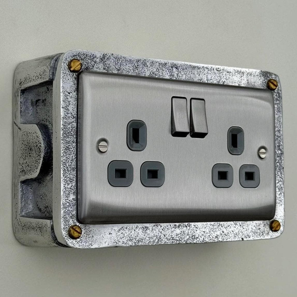 Brushed Steel Double Switched Power Socket Grey Insert 13A 230V Industrial Vintage
