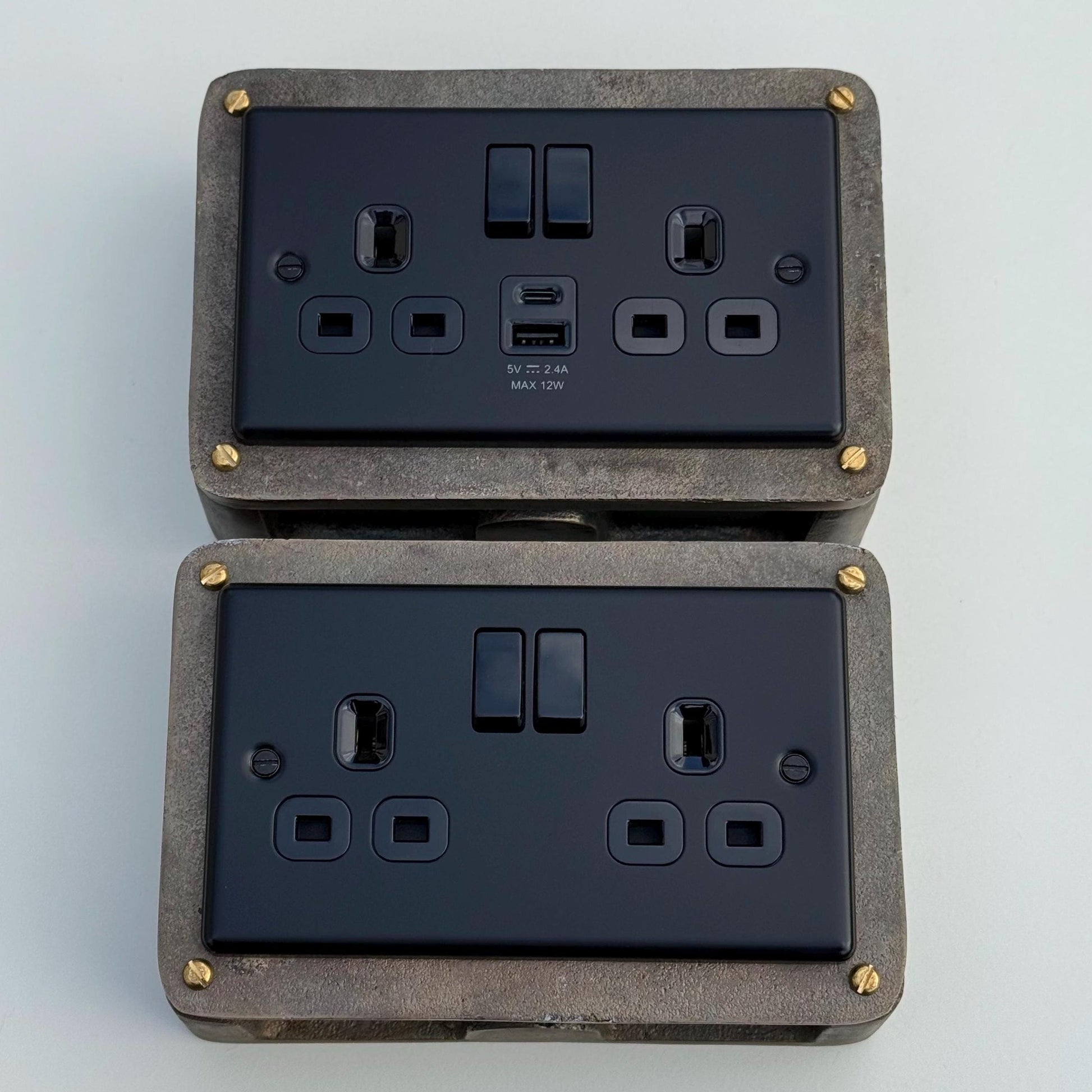 Matt Black Double Gang Plug Socket with Antique Brass Back Box