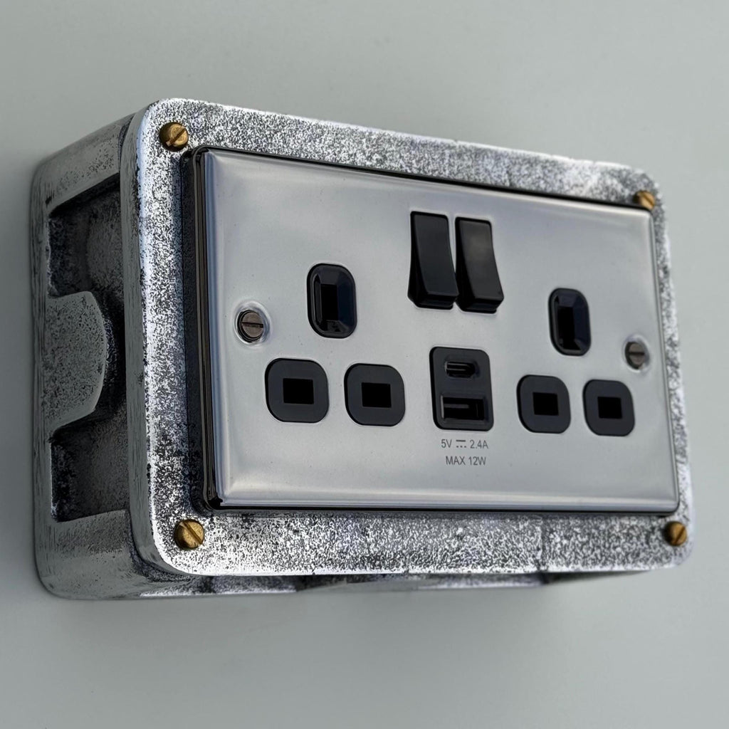 Black Nickel Double Switched 13A Power Socket Industrial Vintage Style