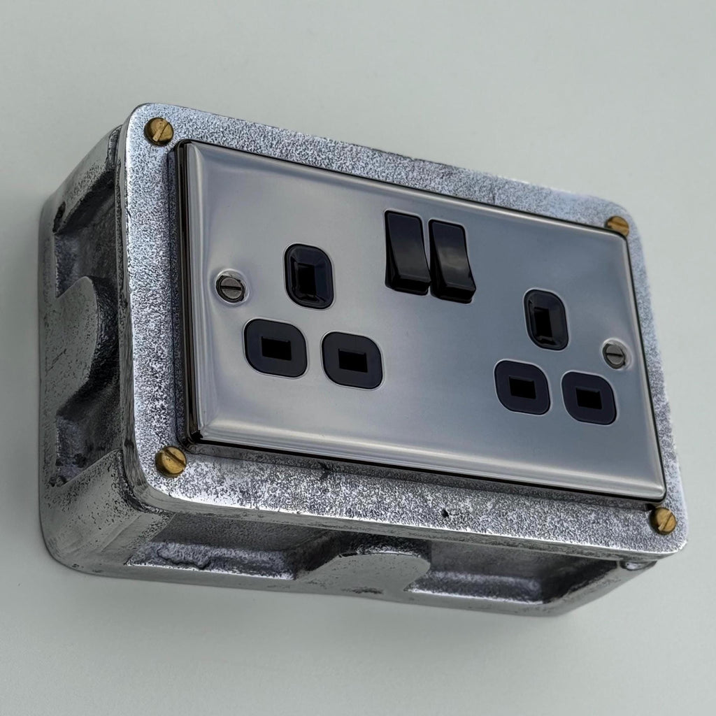 Black Nickel Double Switched 13A Power Socket Industrial Vintage Style