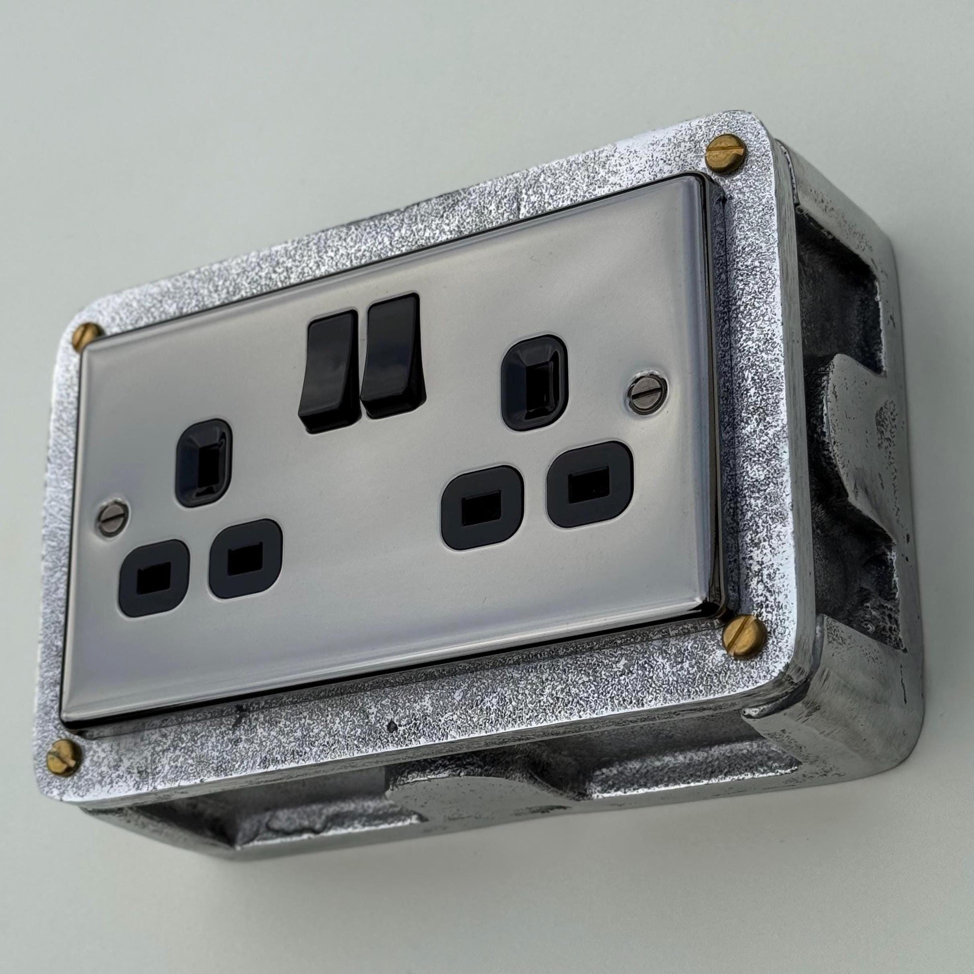 Black Nickel Double Switched 13A Power Socket Industrial Vintage Style