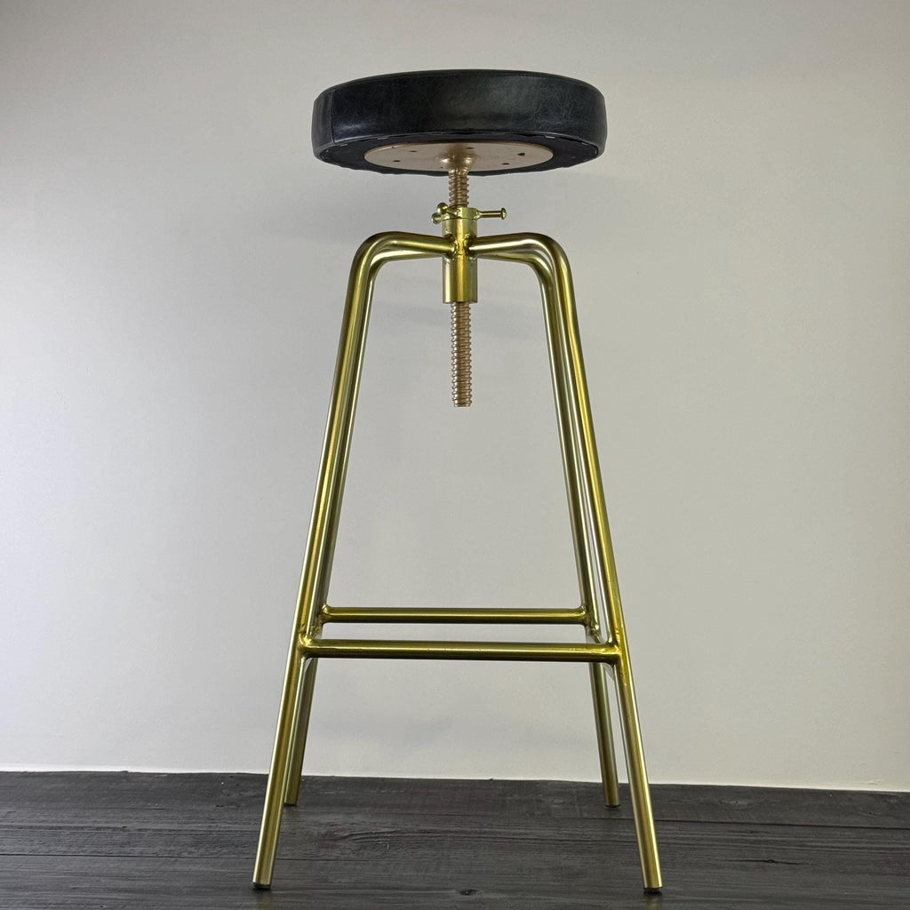 Patinated Brass Industrial Leather Bar Stool Vintage Style