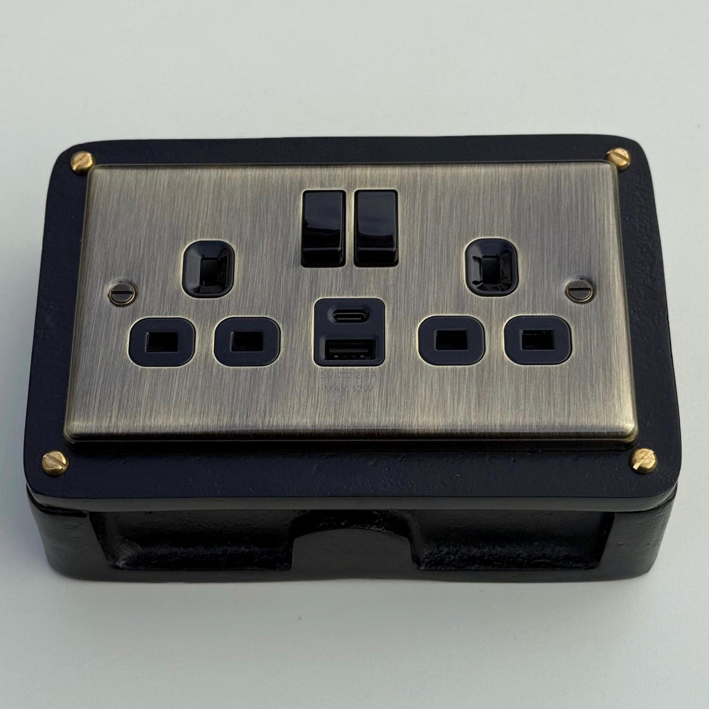 Antique Brass Double Gang Plug Socket with Industrial Black Cast Back Box