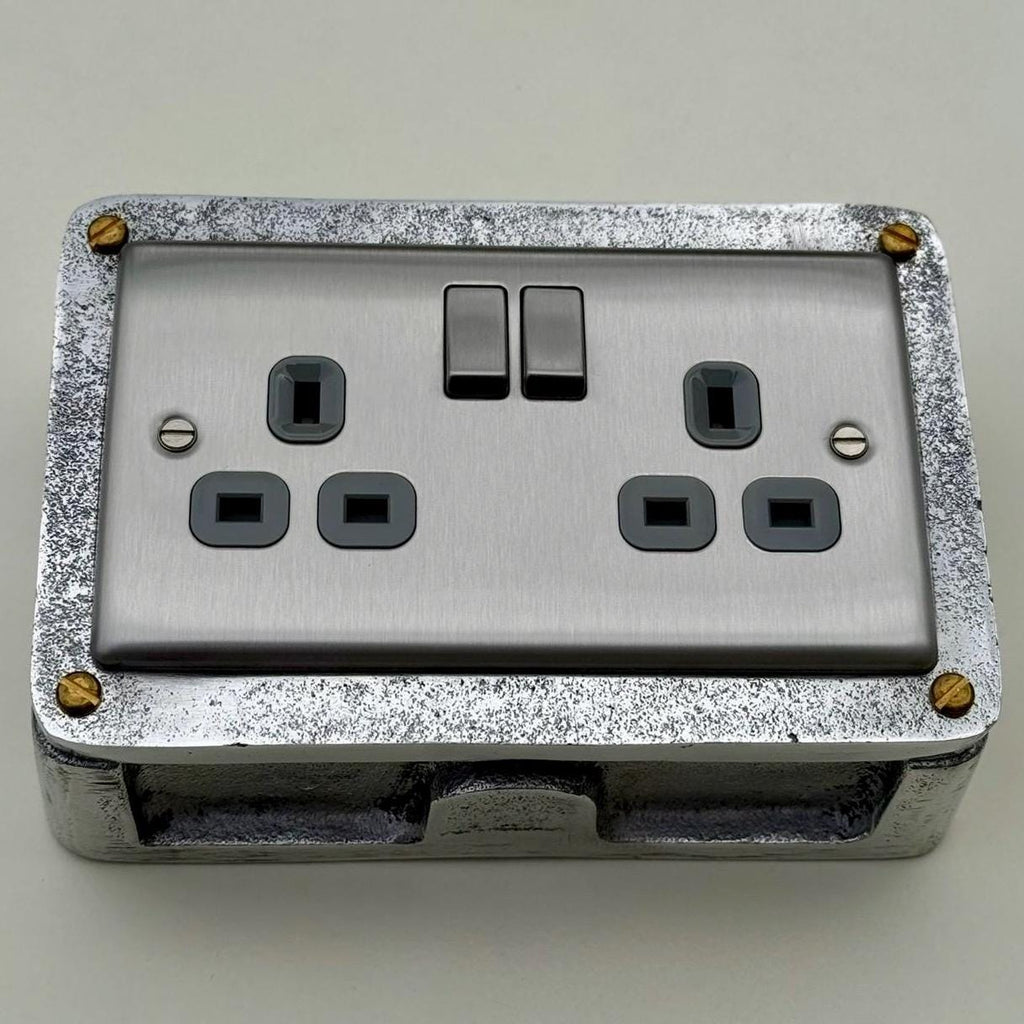 Brushed Steel Double Switched Power Socket Grey Insert 13A 230V Industrial Vintage