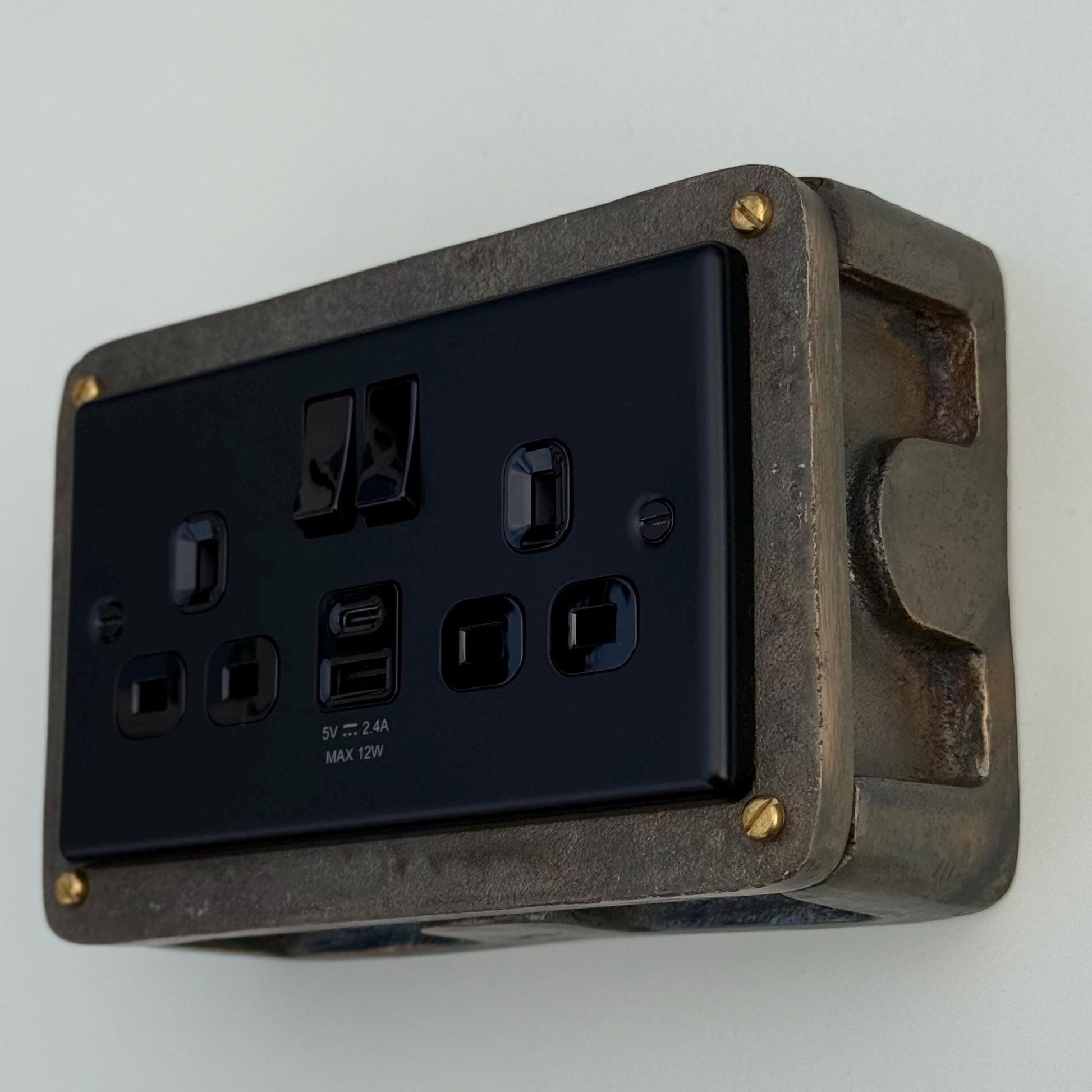 Matt Black Double Gang Plug Socket with Antique Brass Back Box