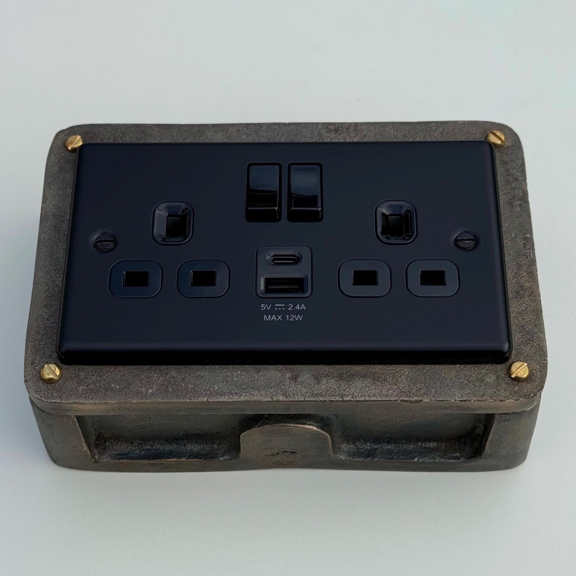 Matt Black Double Gang Plug Socket with Antique Brass Back Box