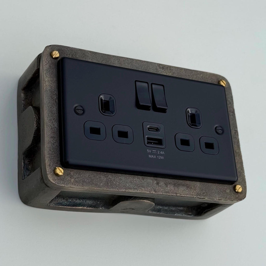 Matt Black Double Gang Plug Socket with Antique Brass Back Box