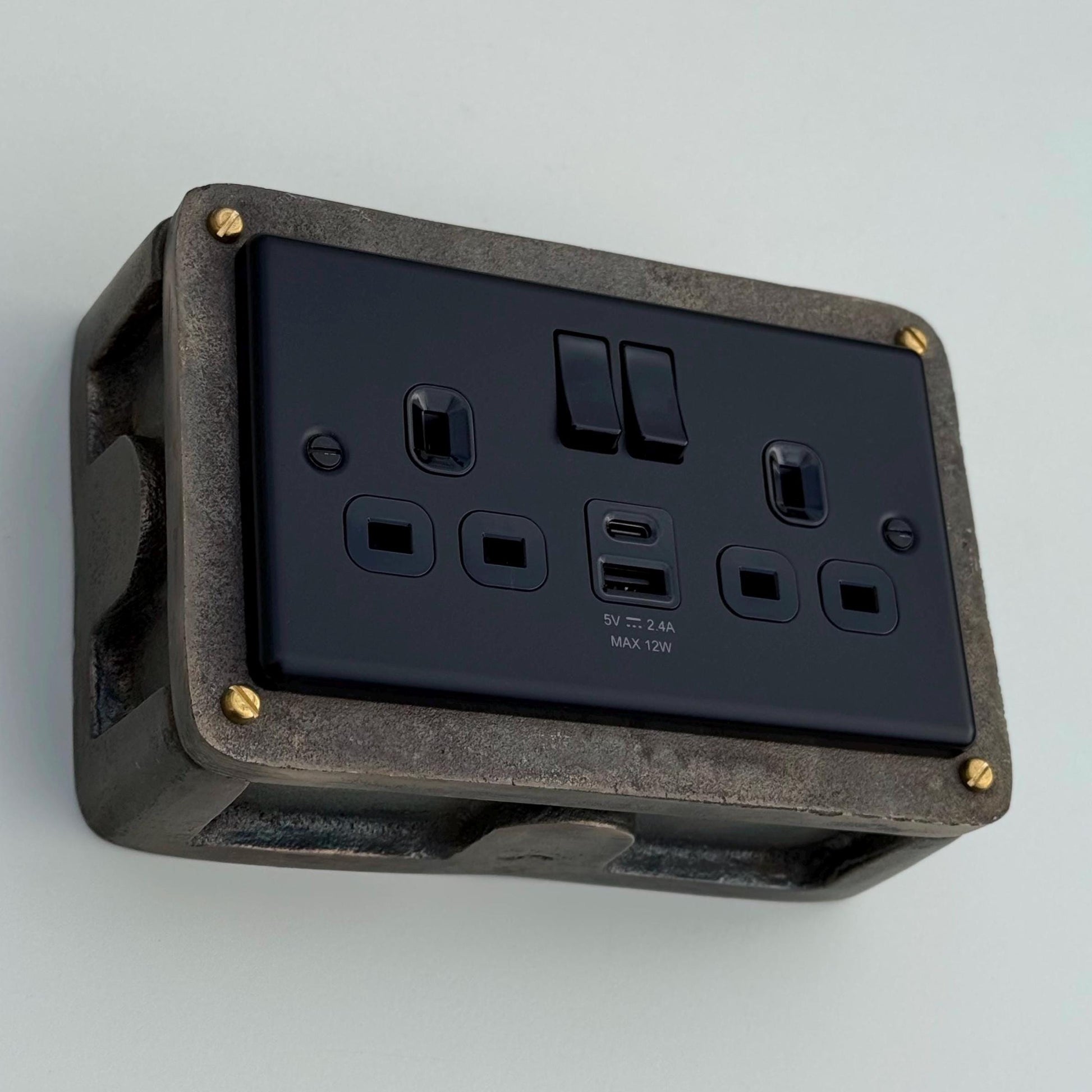 Matt Black Double Gang Plug Socket with Antique Brass Back Box