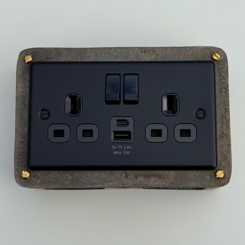 Matt Black Double Gang Plug Socket with Antique Brass Back Box