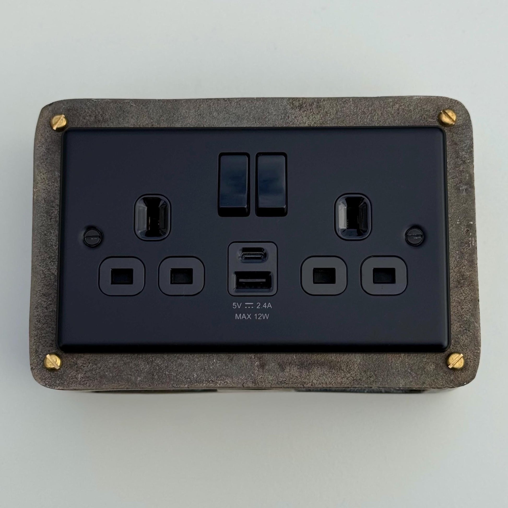 Matt Black Double Gang Plug Socket with Antique Brass Back Box
