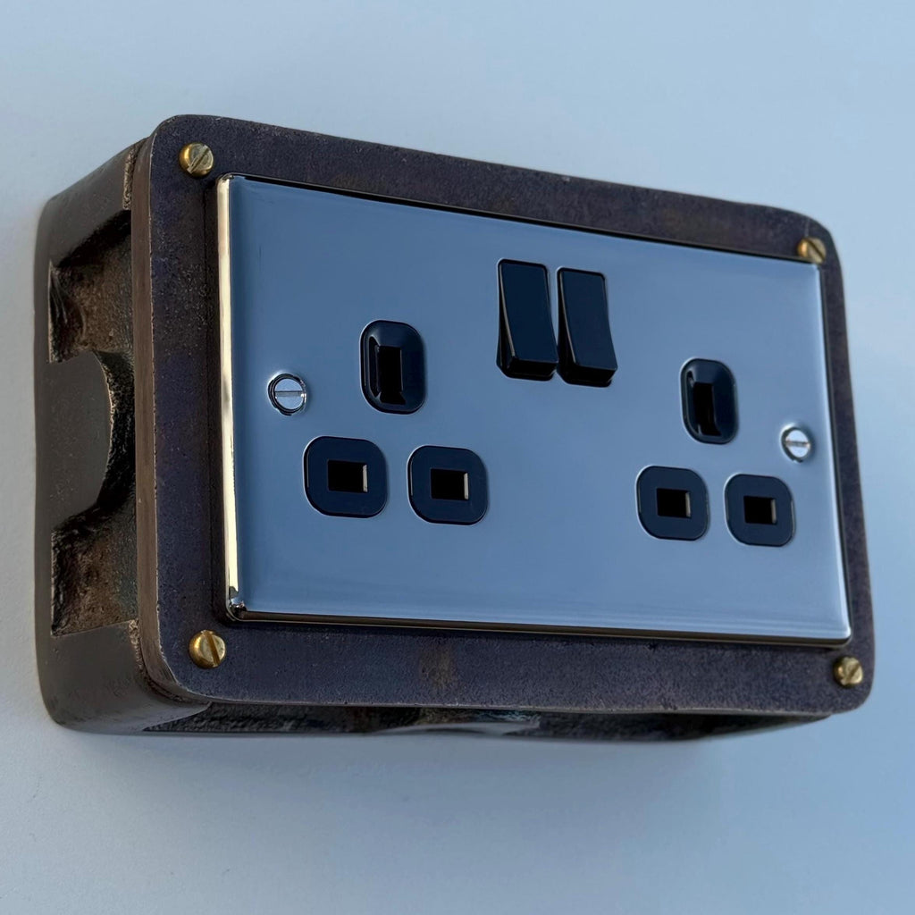 Black Nickel Double Switched 13A Power Socket Industrial Vintage
