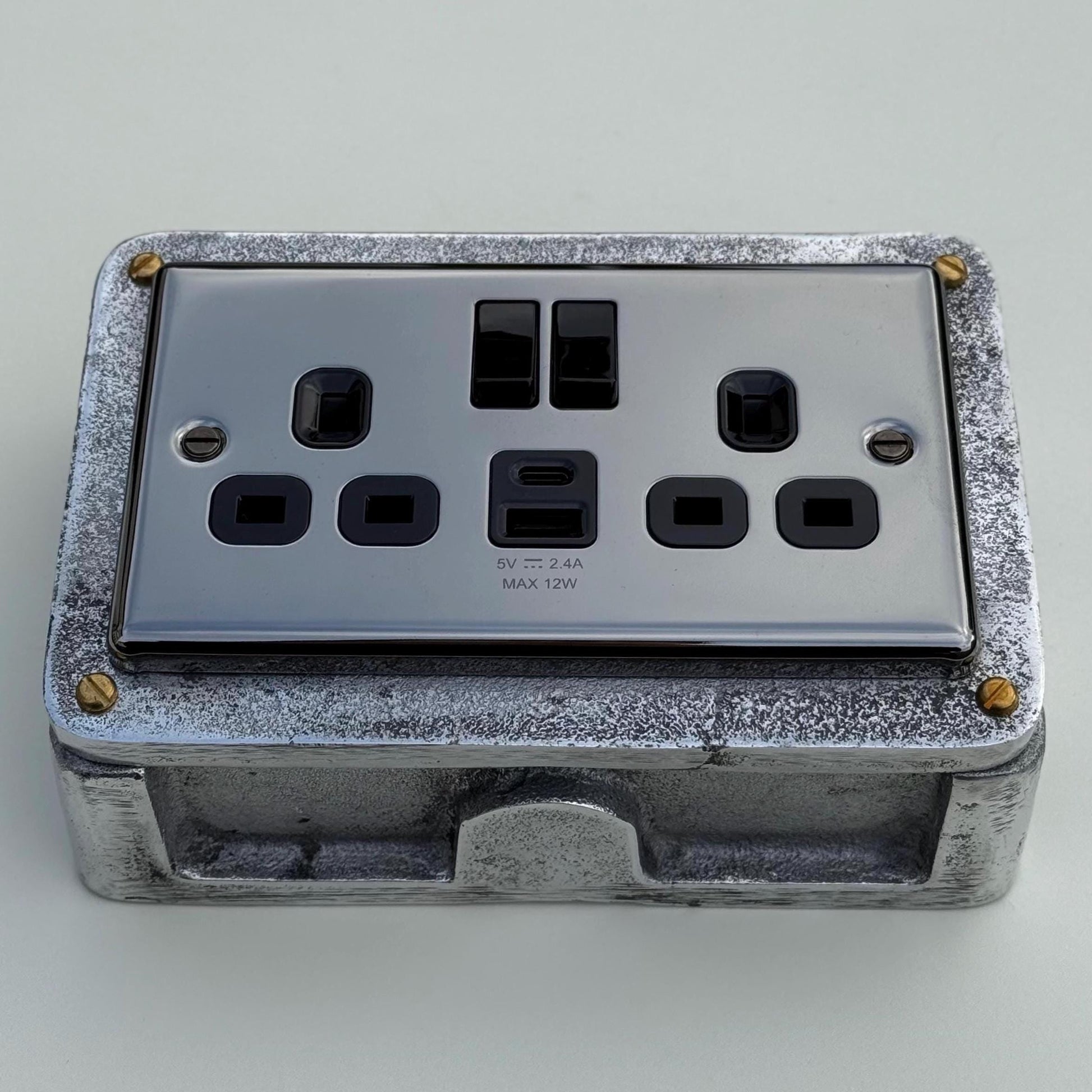 Black Nickel Double Switched 13A Power Socket Industrial Vintage Style