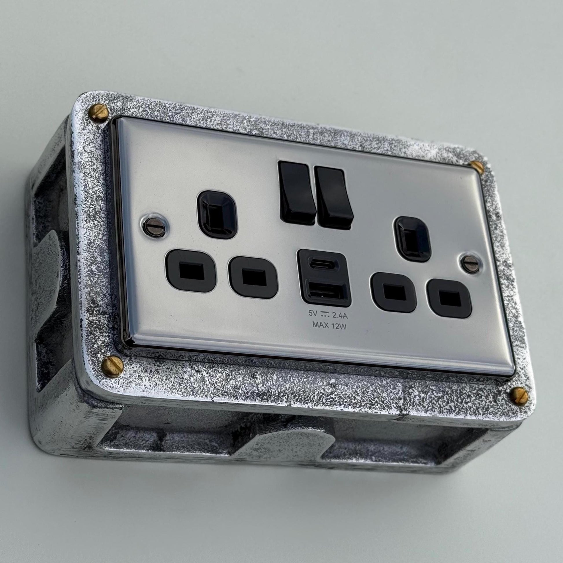 Black Nickel Double Switched 13A Power Socket Industrial Vintage Style