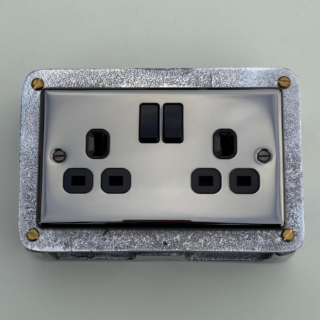 Black Nickel Double Switched 13A Power Socket Industrial Vintage Style