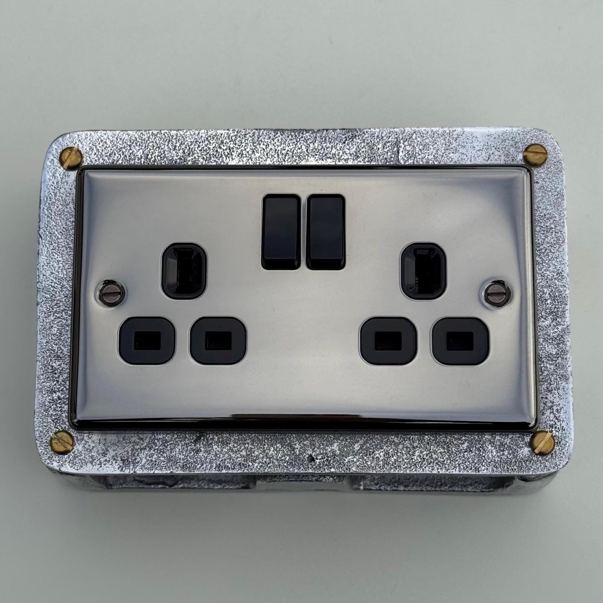 Black Nickel Double Switched 13A Power Socket Industrial Vintage Style