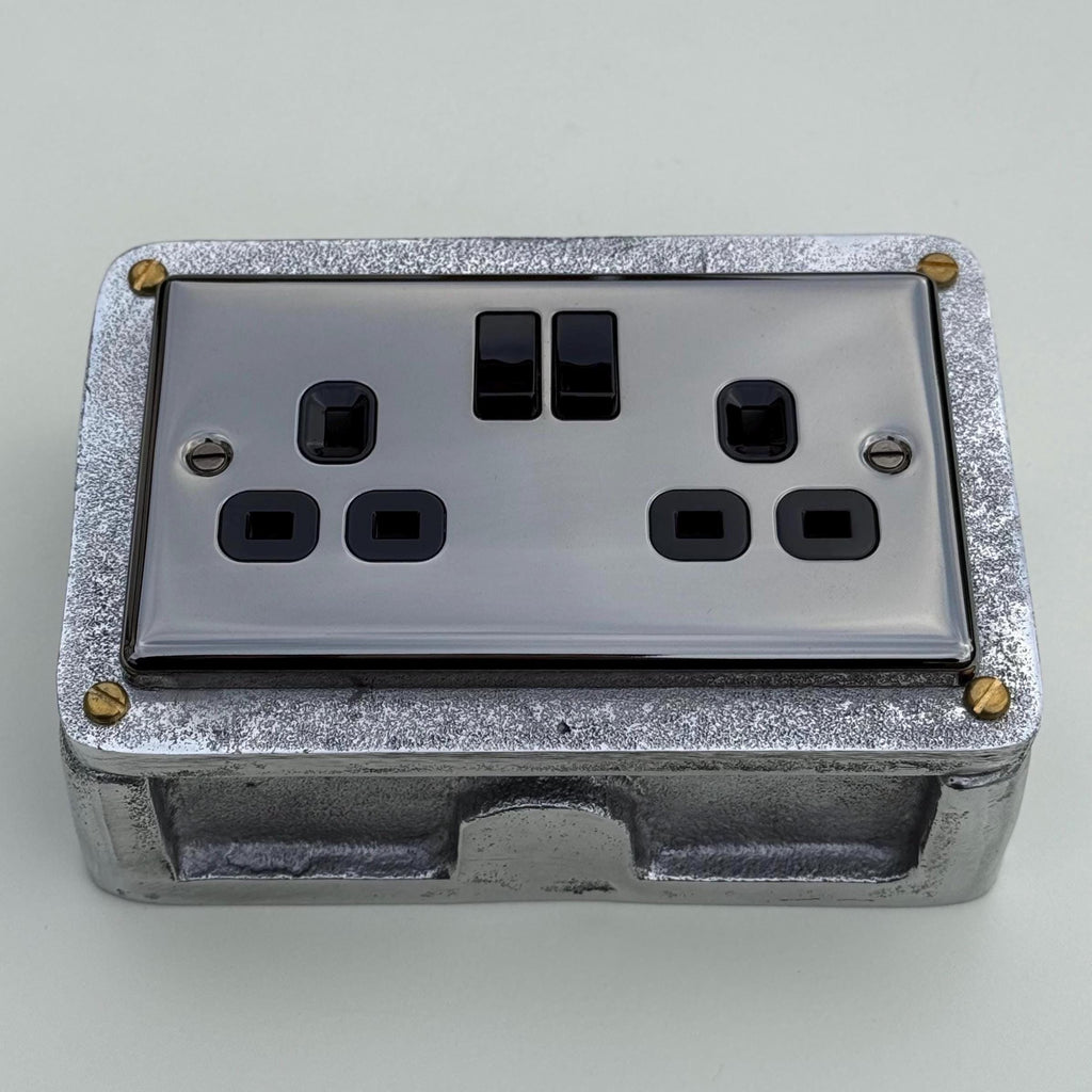 Black Nickel Double Switched 13A Power Socket Industrial Vintage Style