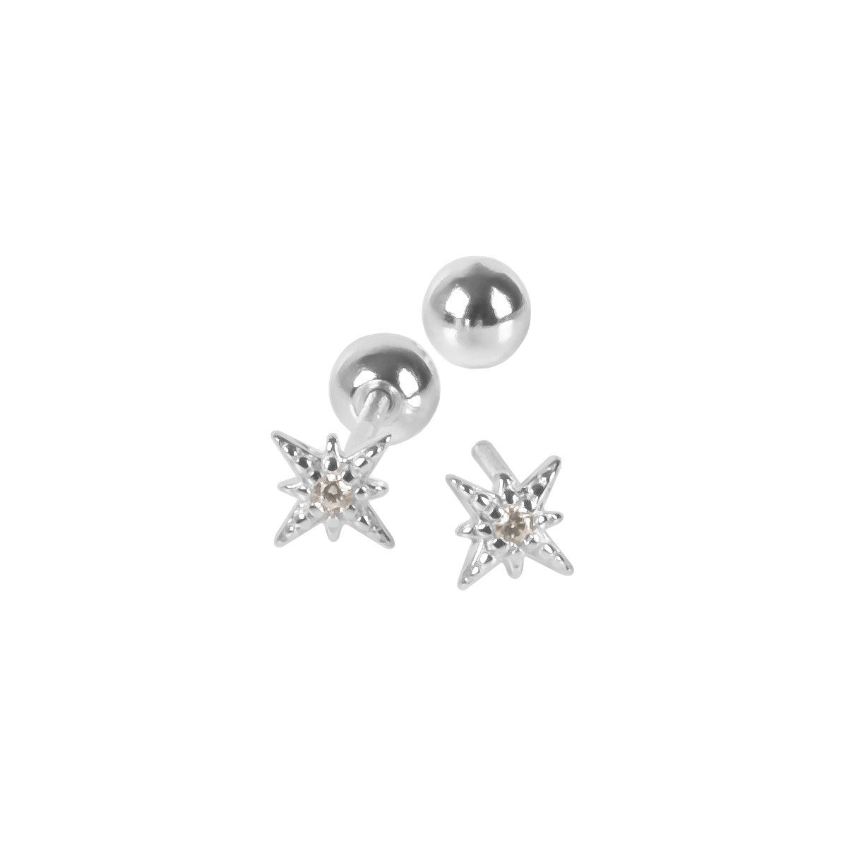 bold close-up of sterling silver star xs screw back earrings with brilliant zircon sparkle