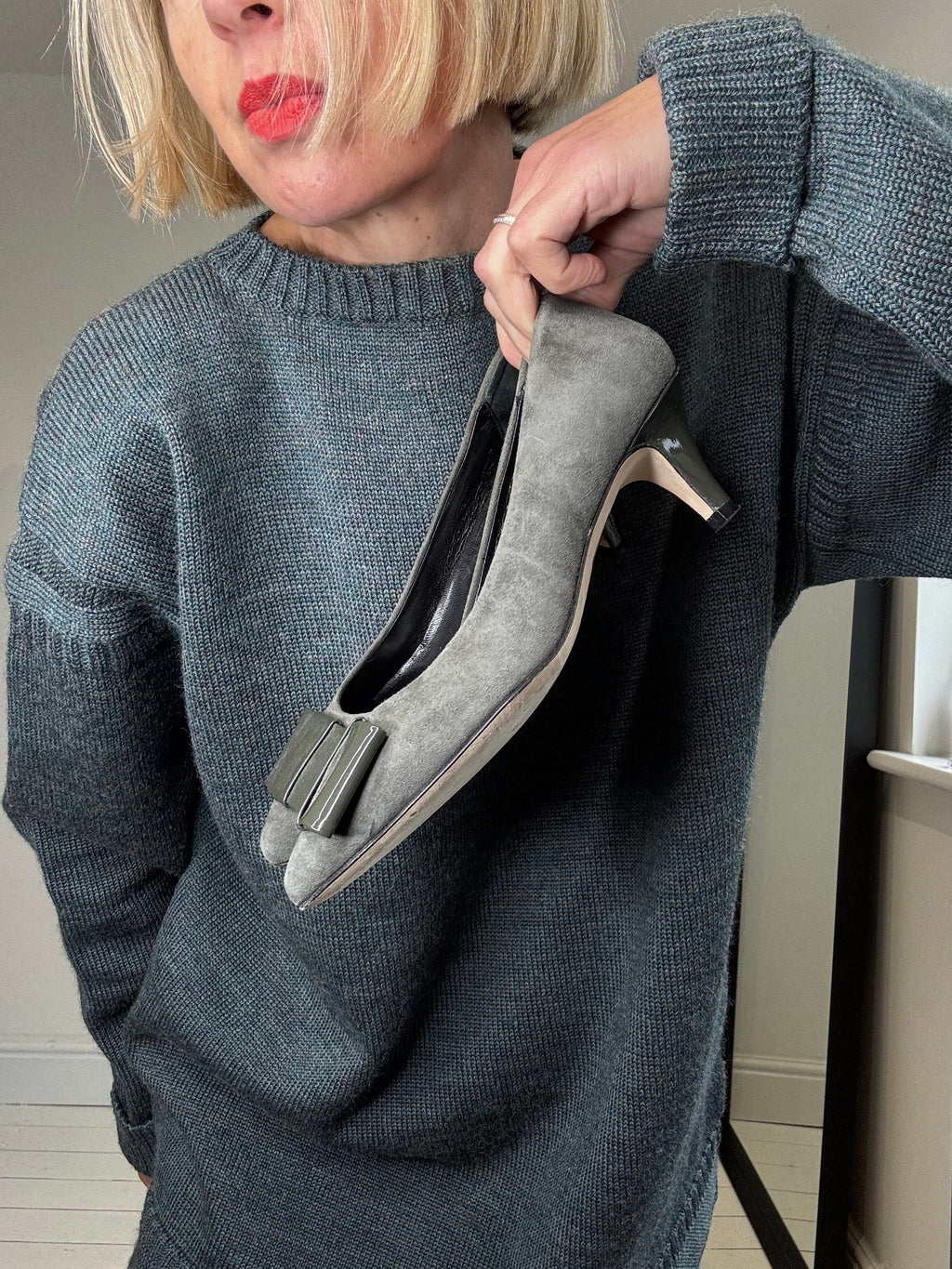 Grey Suede and Patent Kitten Heel Pumps with Bow Detail