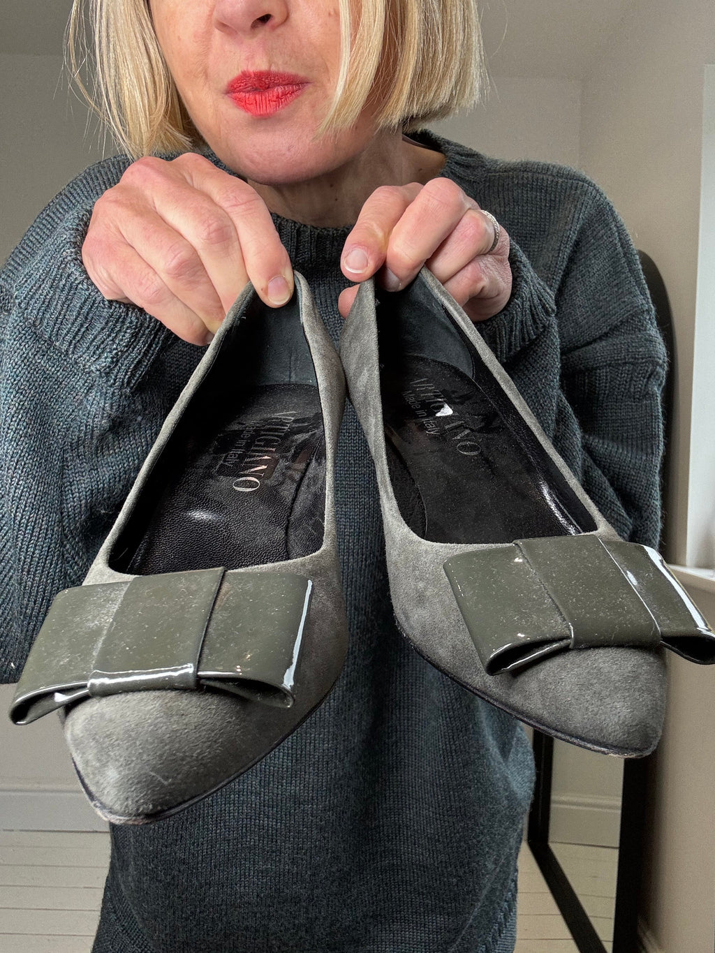 Grey Suede and Patent Kitten Heel Pumps with Bow Detail