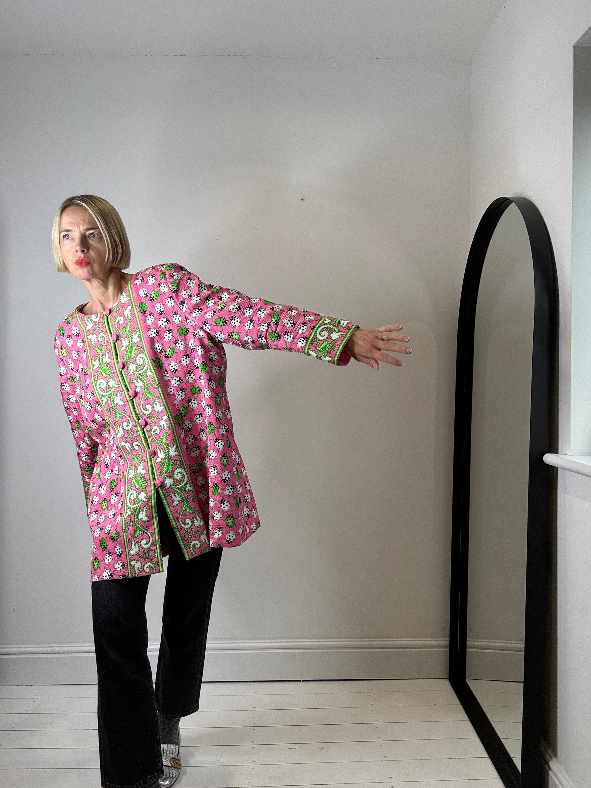 Ladybug Collarless Jacket in Pink and Green