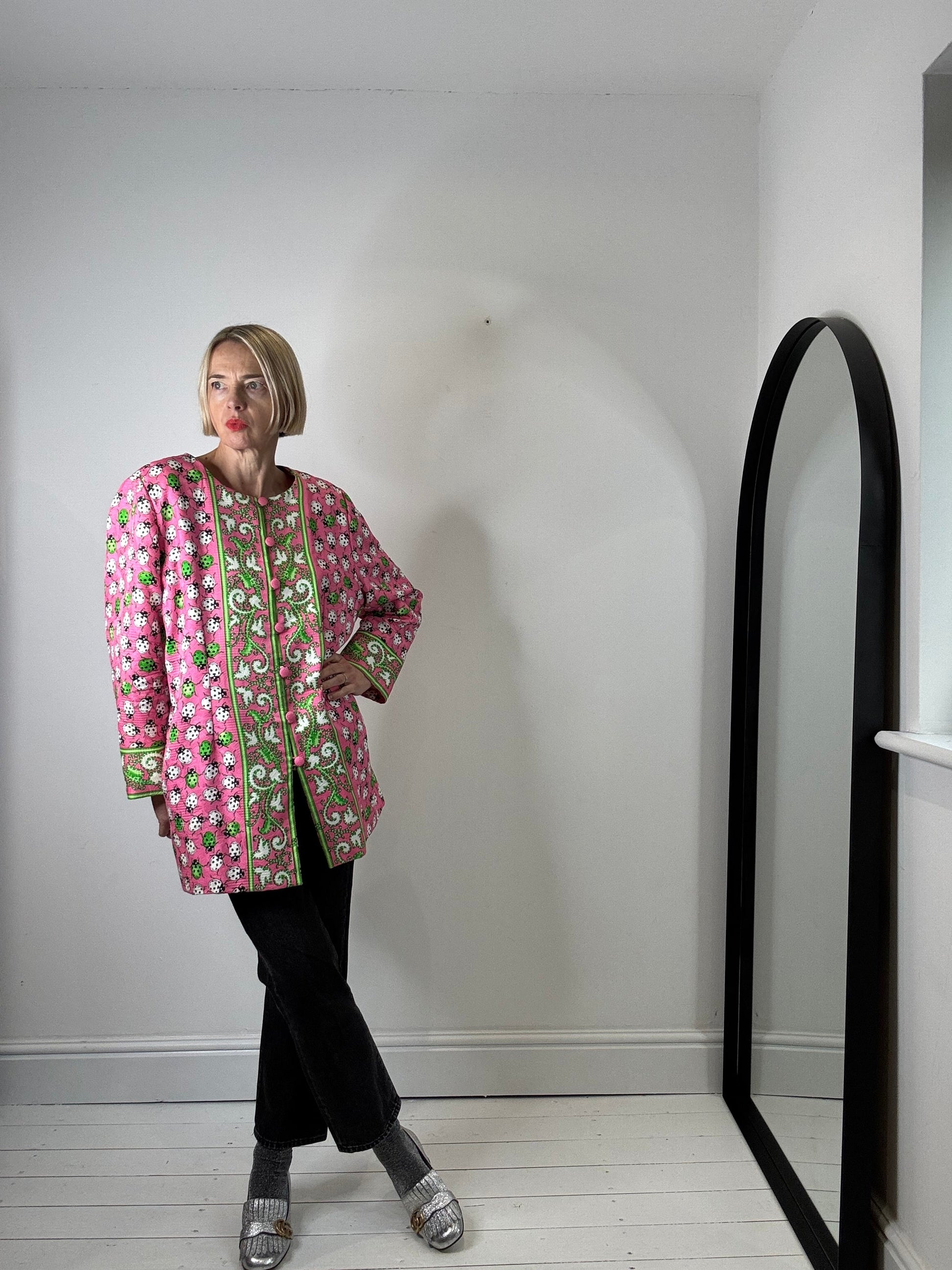 Ladybug Collarless Jacket in Pink and Green