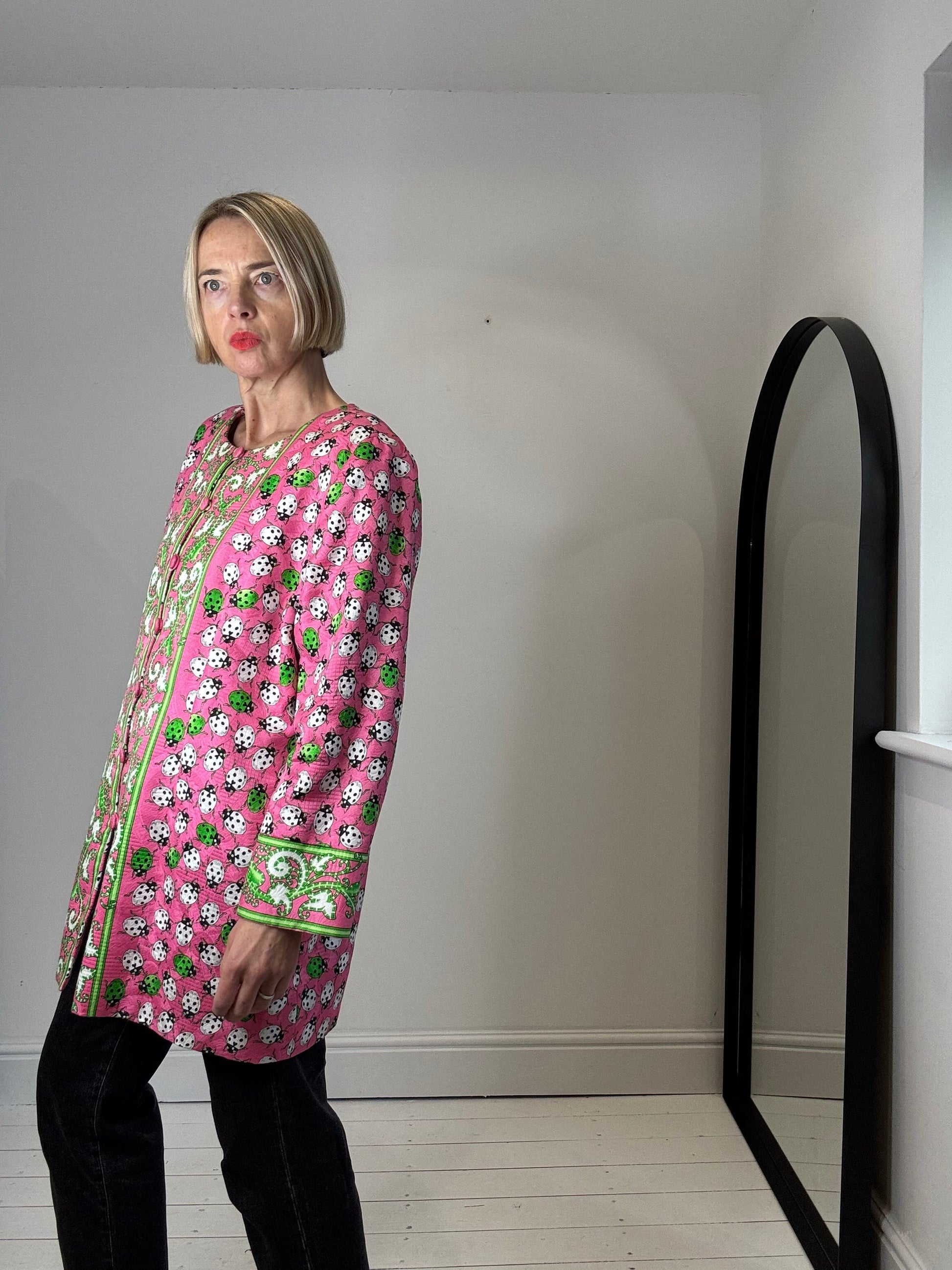 Ladybug Collarless Jacket in Pink and Green