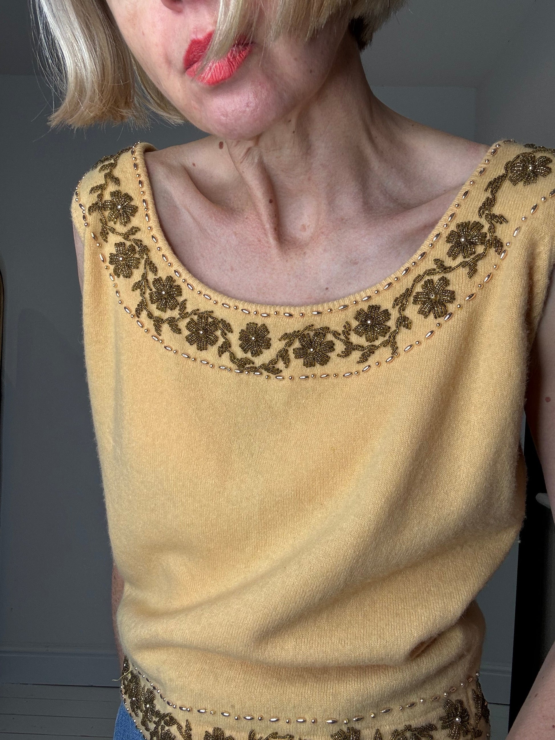 Vintage Beaded Knit Top in Lambswool and Angora