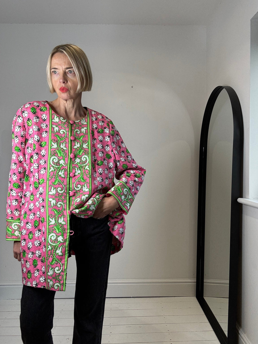 Ladybug Collarless Jacket in Pink and Green