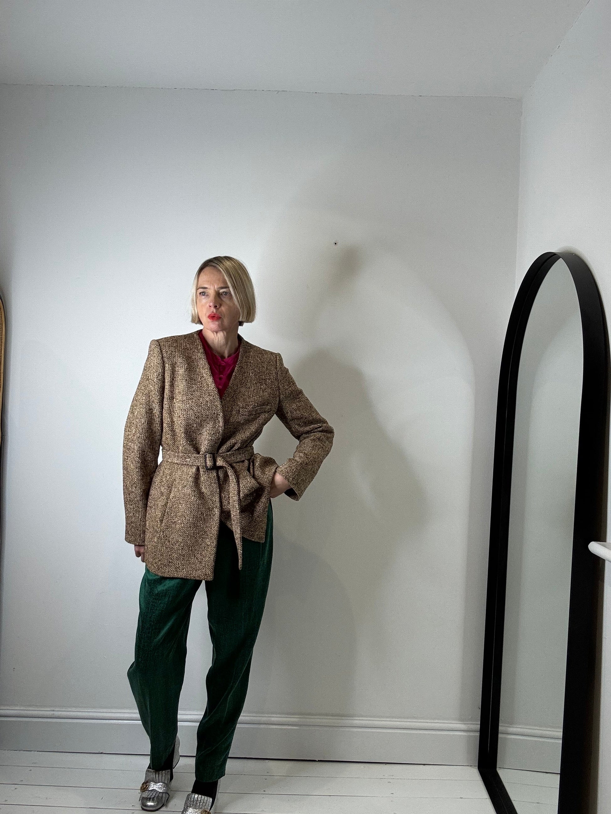 Tweedy Belted Blazer with Horn Buckle