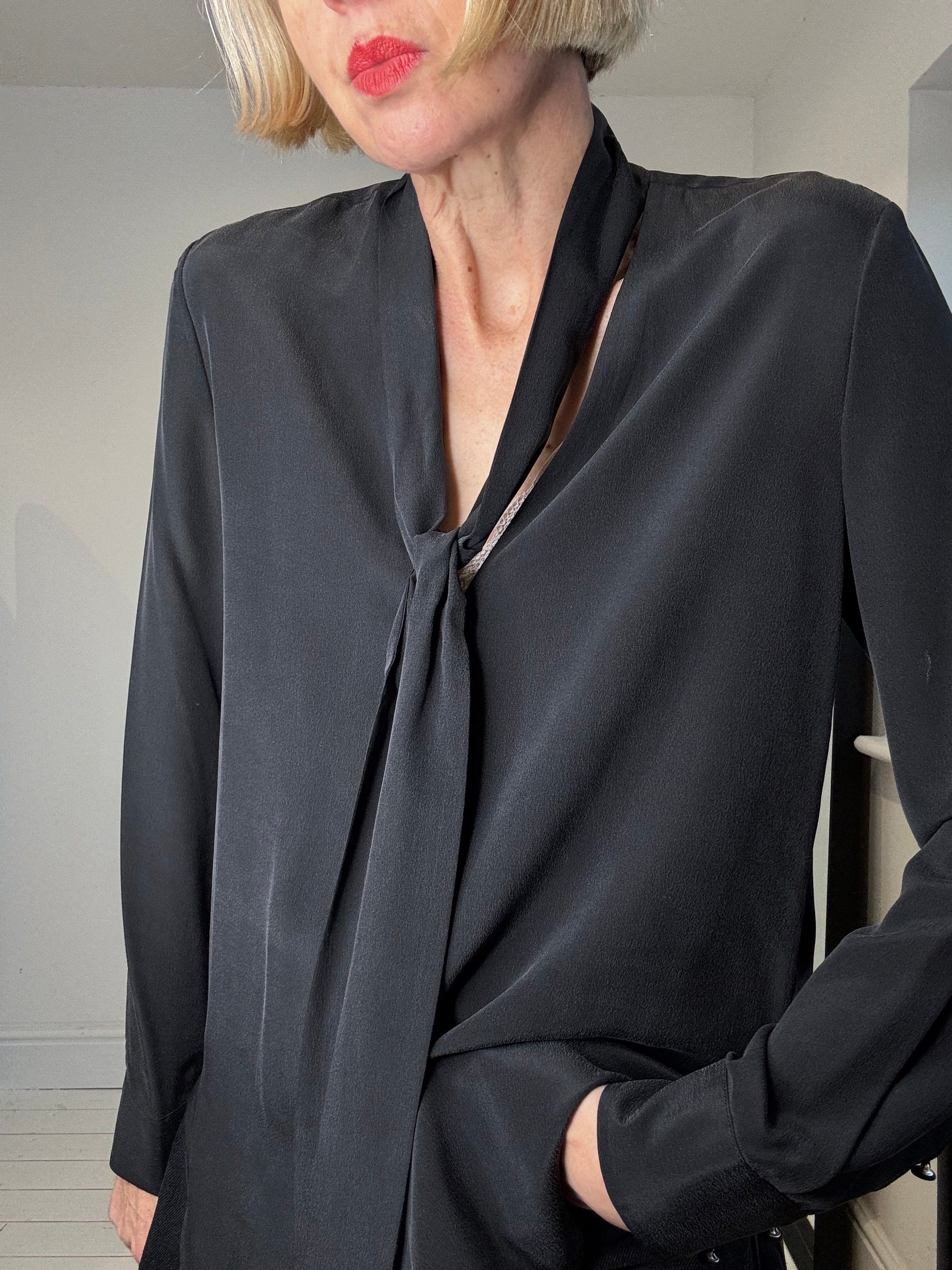 Black Silk Tie Neck Blouse