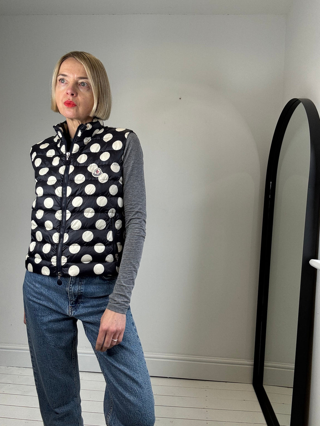 Real Down Padded Zip Front Gilet in Navy and Cream