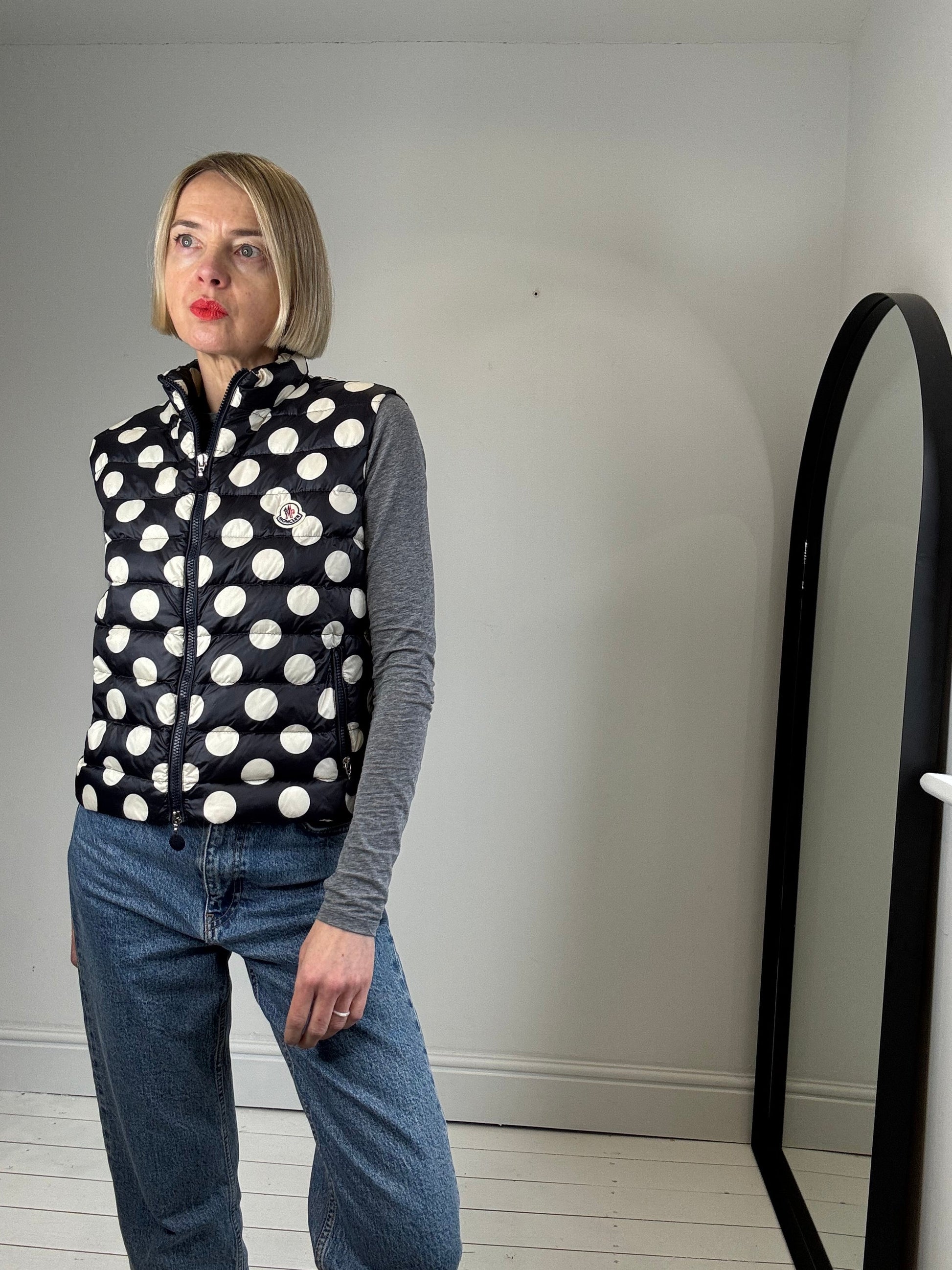 Real Down Padded Zip Front Gilet in Navy and Cream