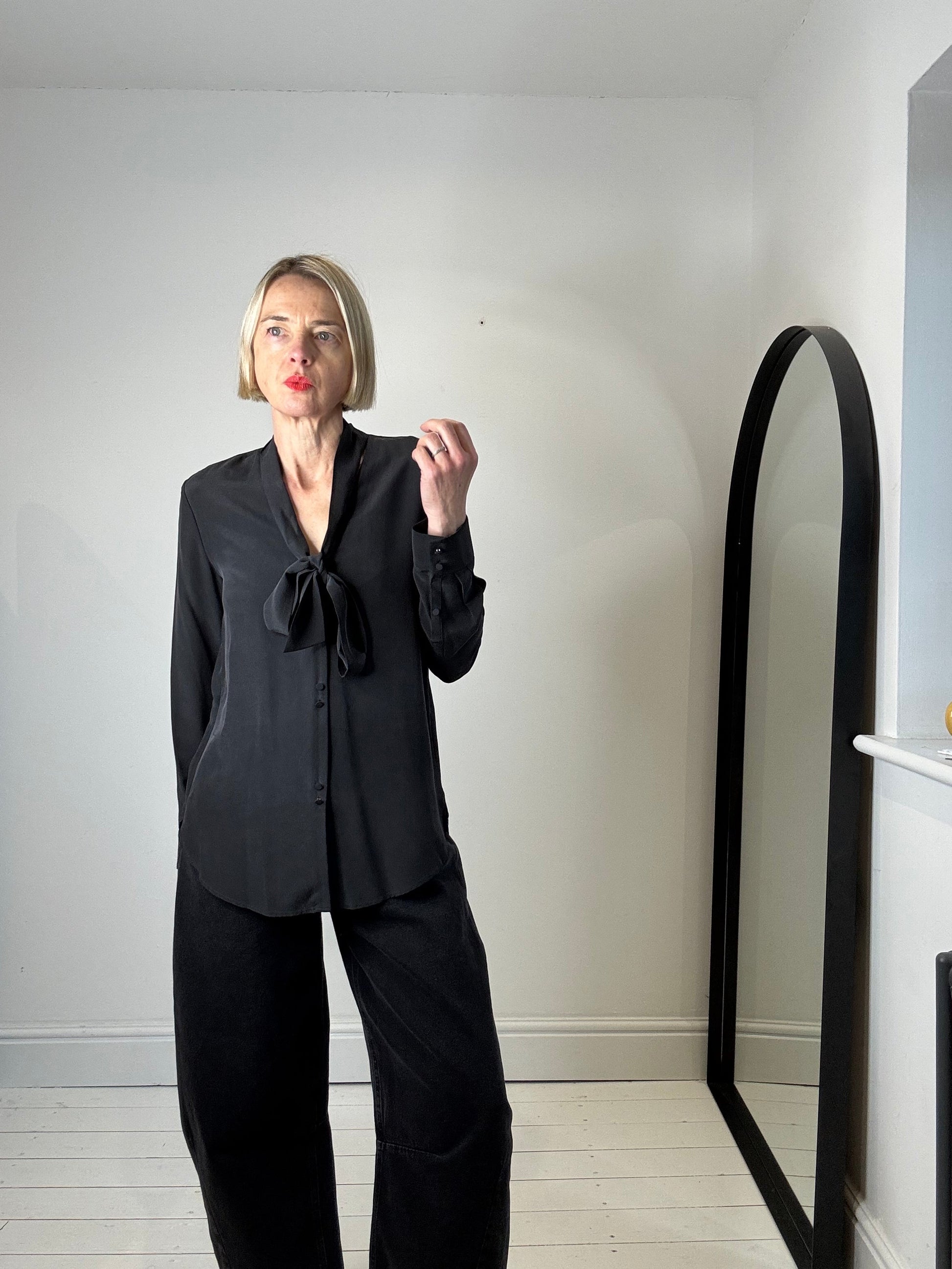 Black Silk Tie Neck Blouse