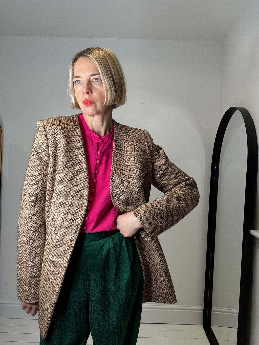 Tweedy Belted Blazer with Horn Buckle