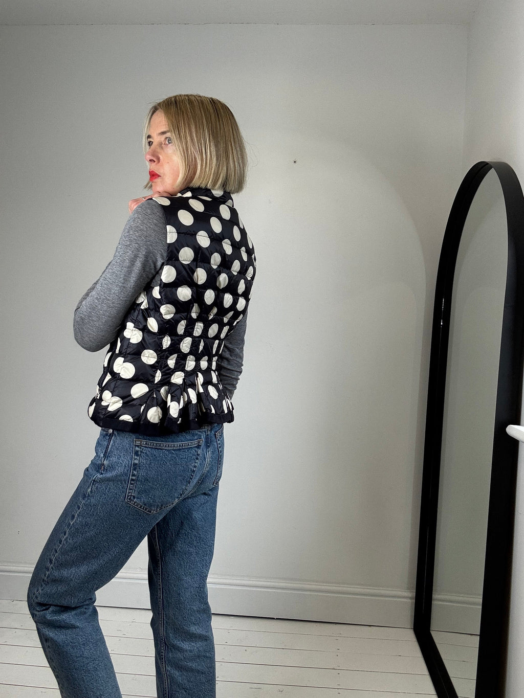 Real Down Padded Zip Front Gilet in Navy and Cream