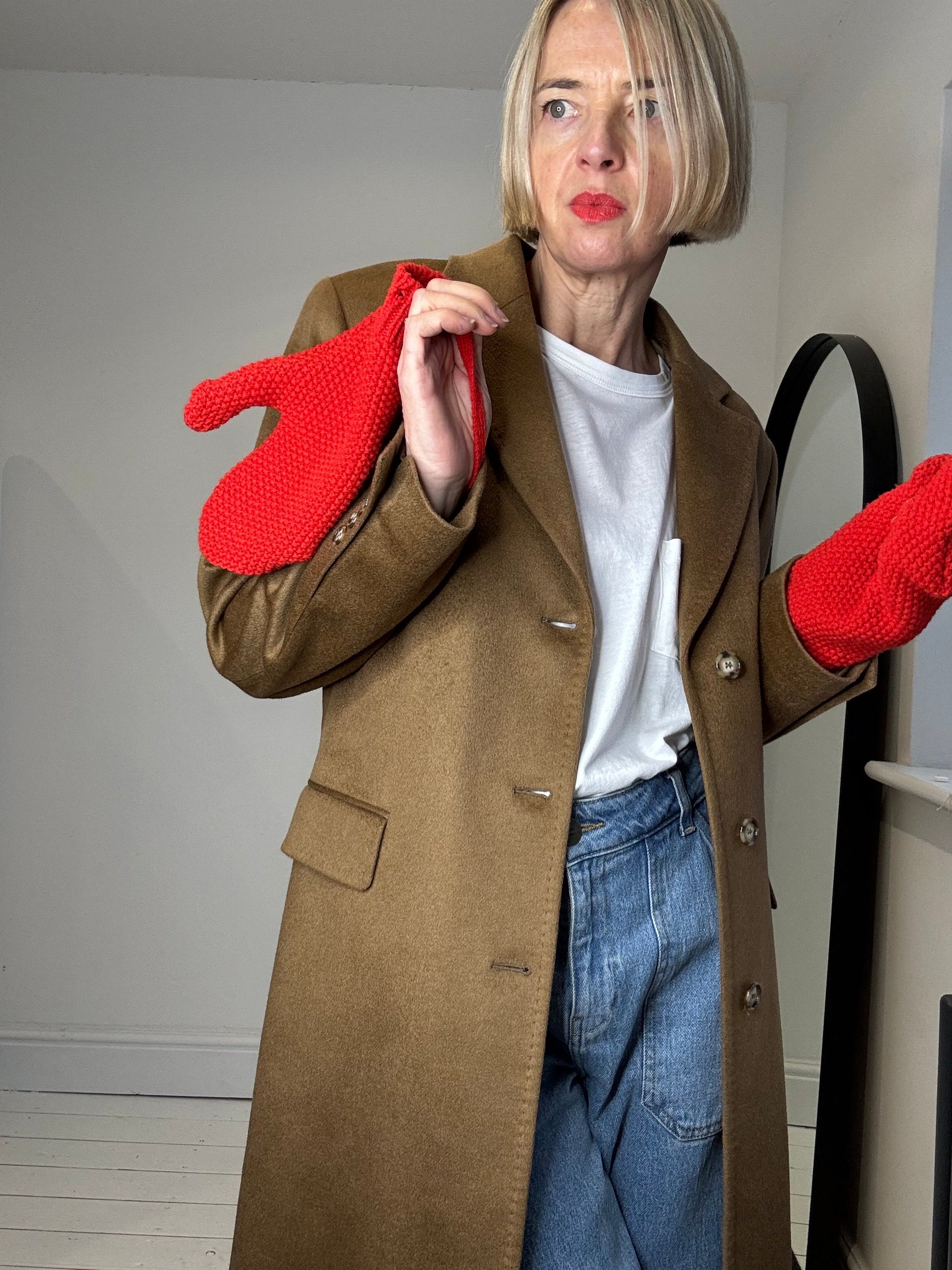 Bright Red Merino Wool Mittens on String
