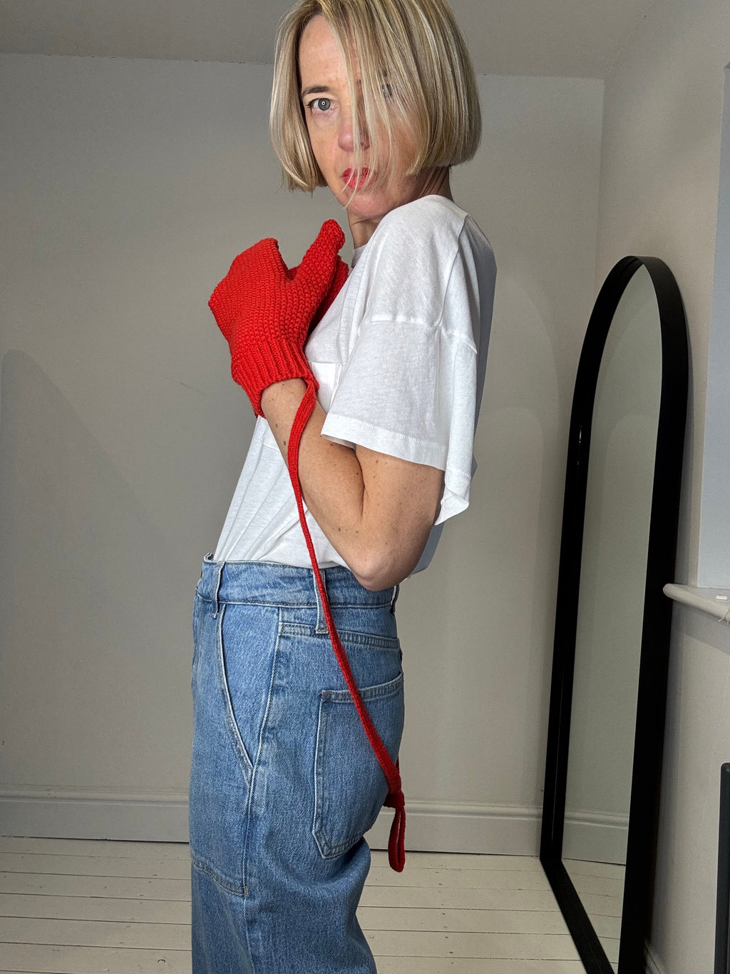 Bright Red Merino Wool Mittens on String