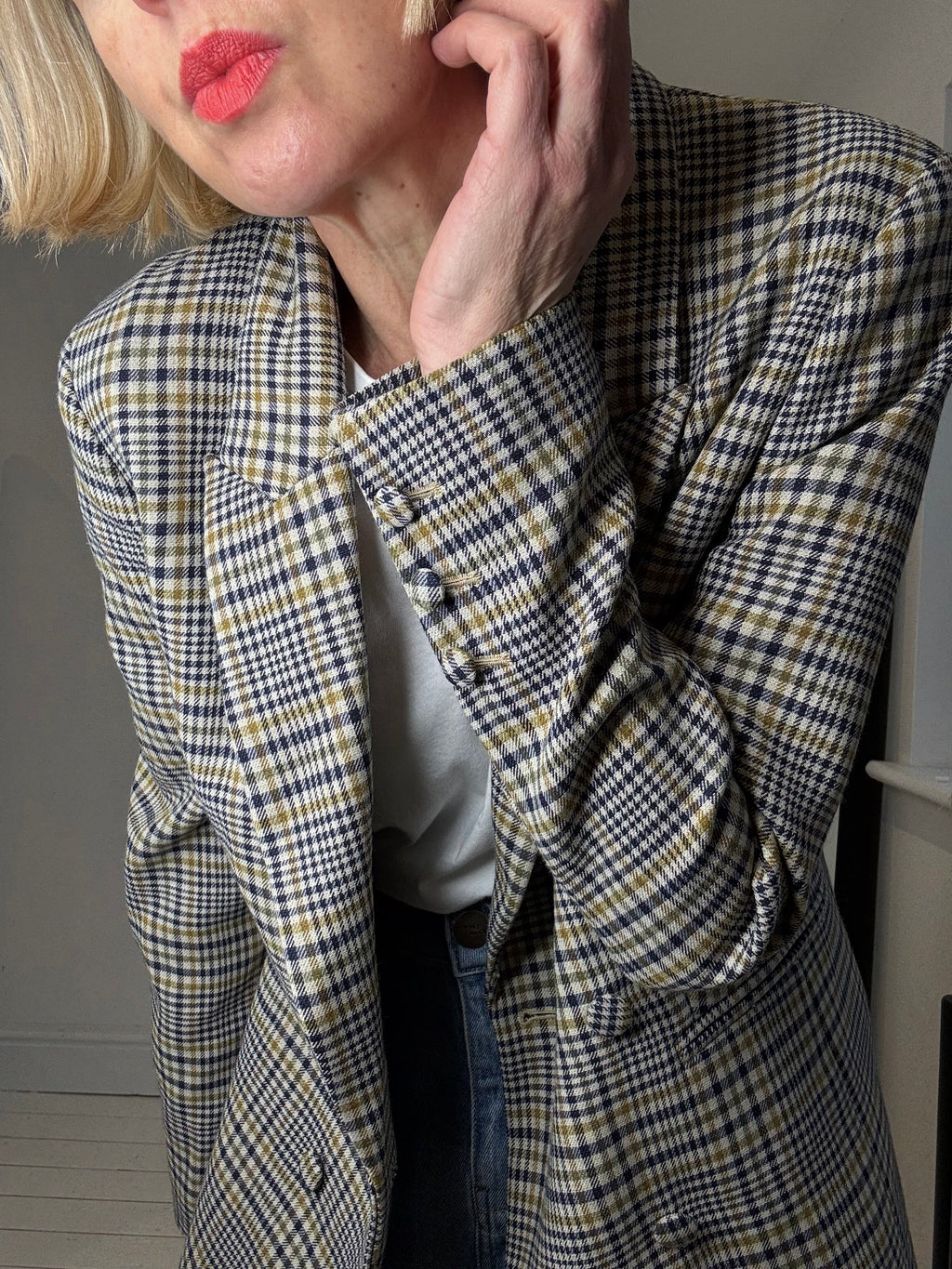 Check Double Breasted Blazer in Navy, Mustard and Olive