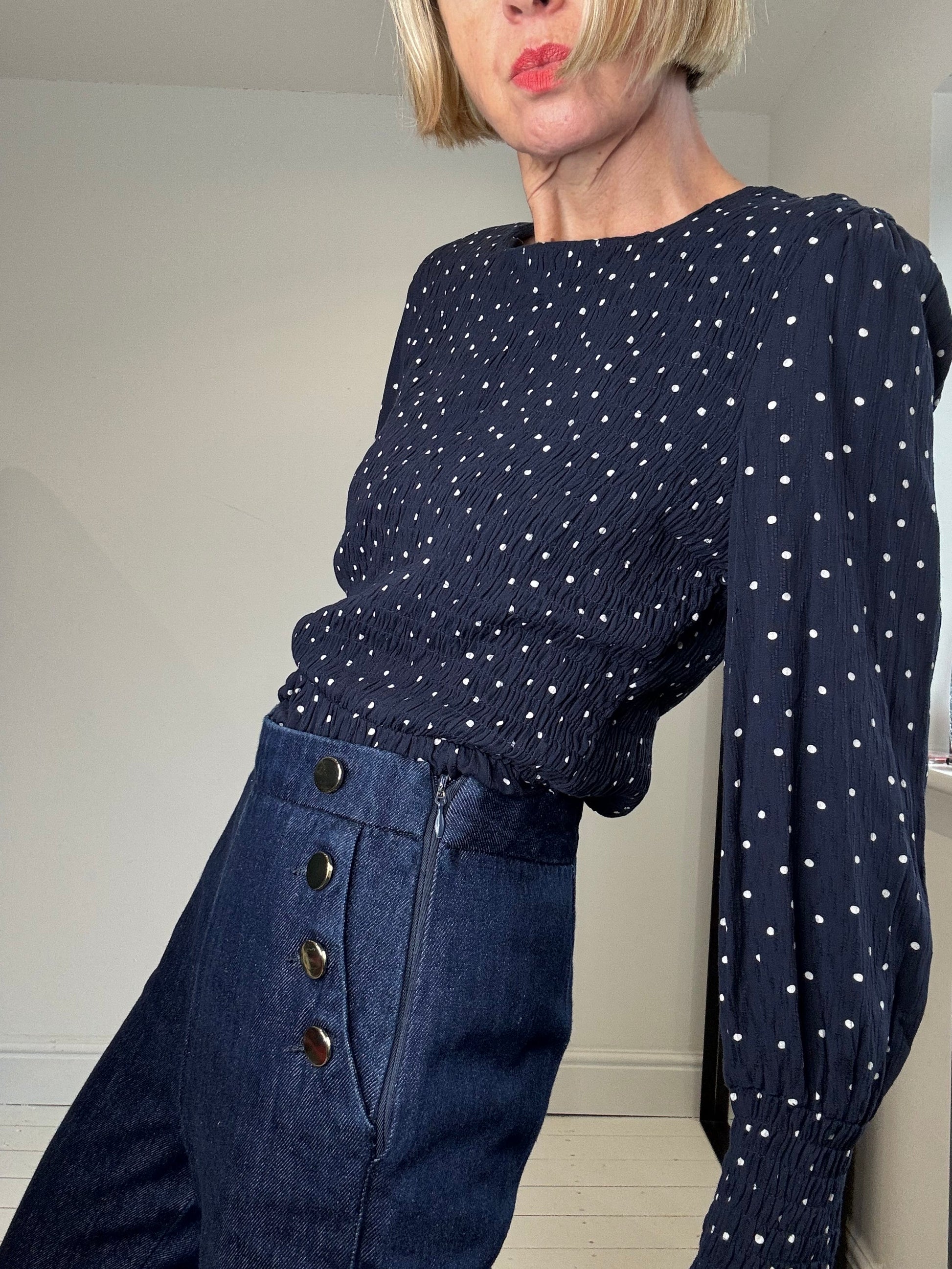 Navy Spot Print Long Sleeve Crepe Top