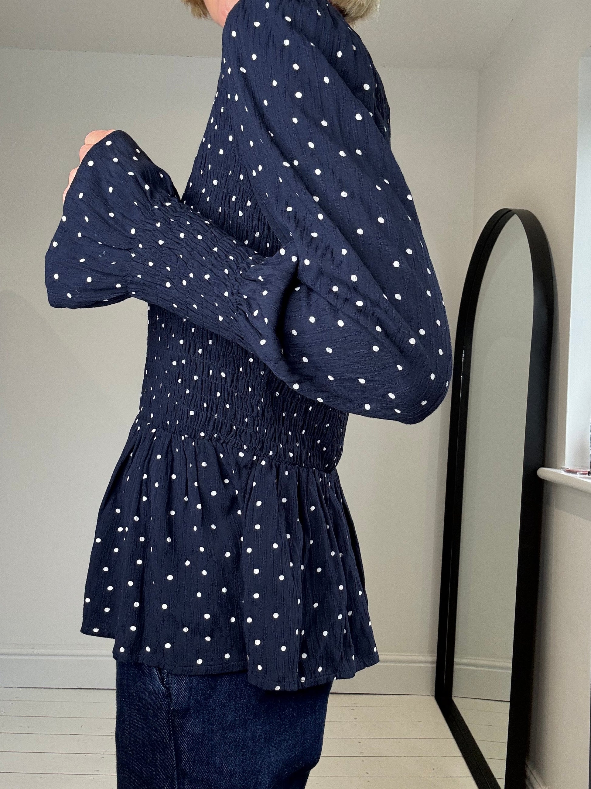 Navy Spot Print Long Sleeve Crepe Top