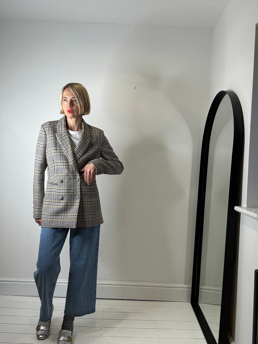 Check Double Breasted Blazer in Navy, Mustard and Olive