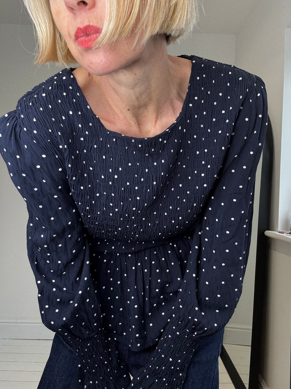 Navy Spot Print Long Sleeve Crepe Top