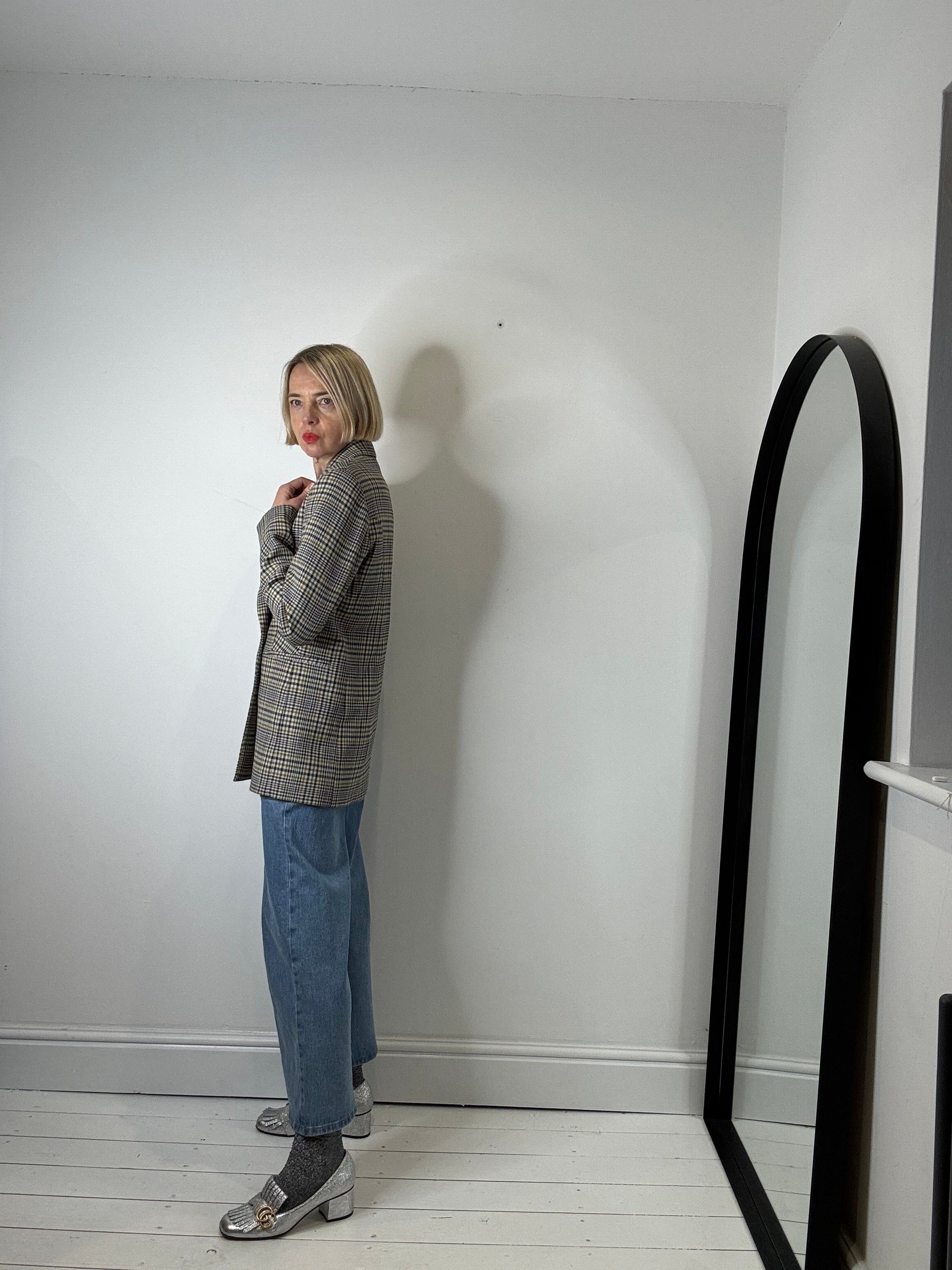 Check Double Breasted Blazer in Navy, Mustard and Olive