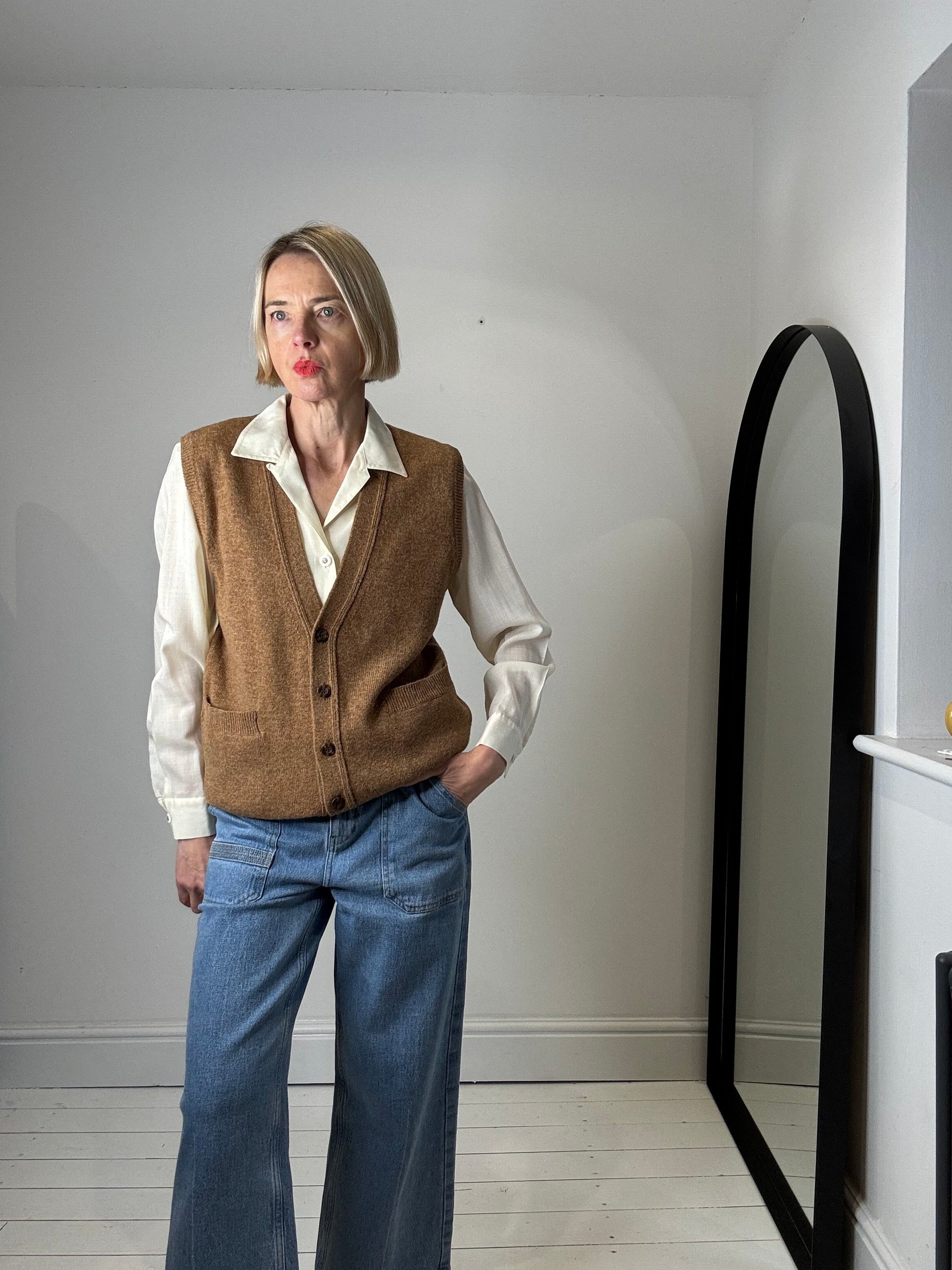 Camel Wool Button Through Tank with Pockets