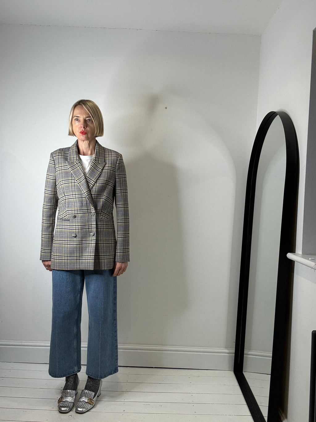 Check Double Breasted Blazer in Navy, Mustard and Olive