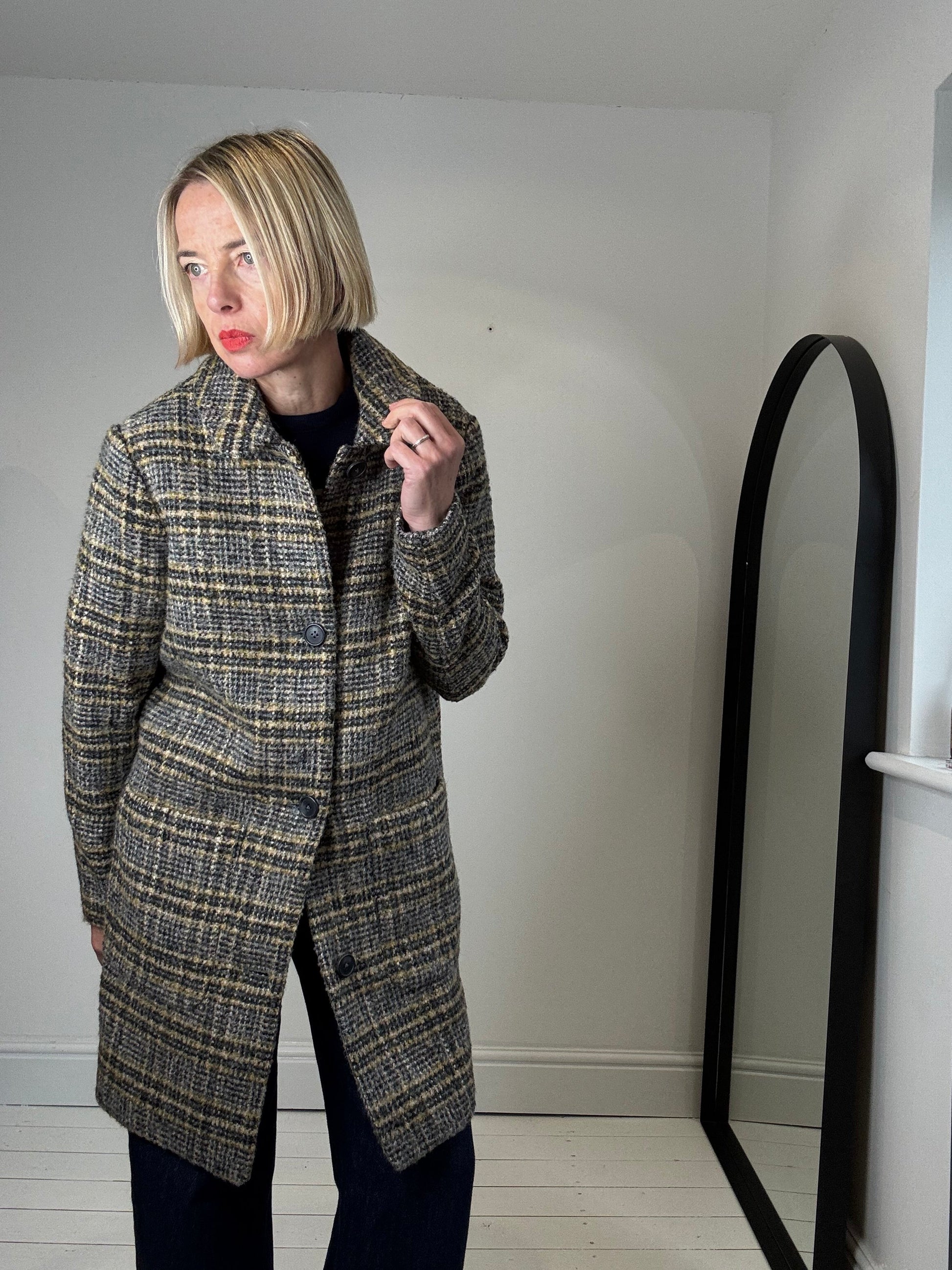 Check Textured Single Breasted Coat